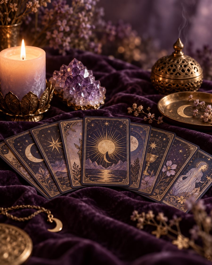 Cartas de tarot em leque sobre veludo roxo, com vela acesa, cristal de ametista e incensário dourado
